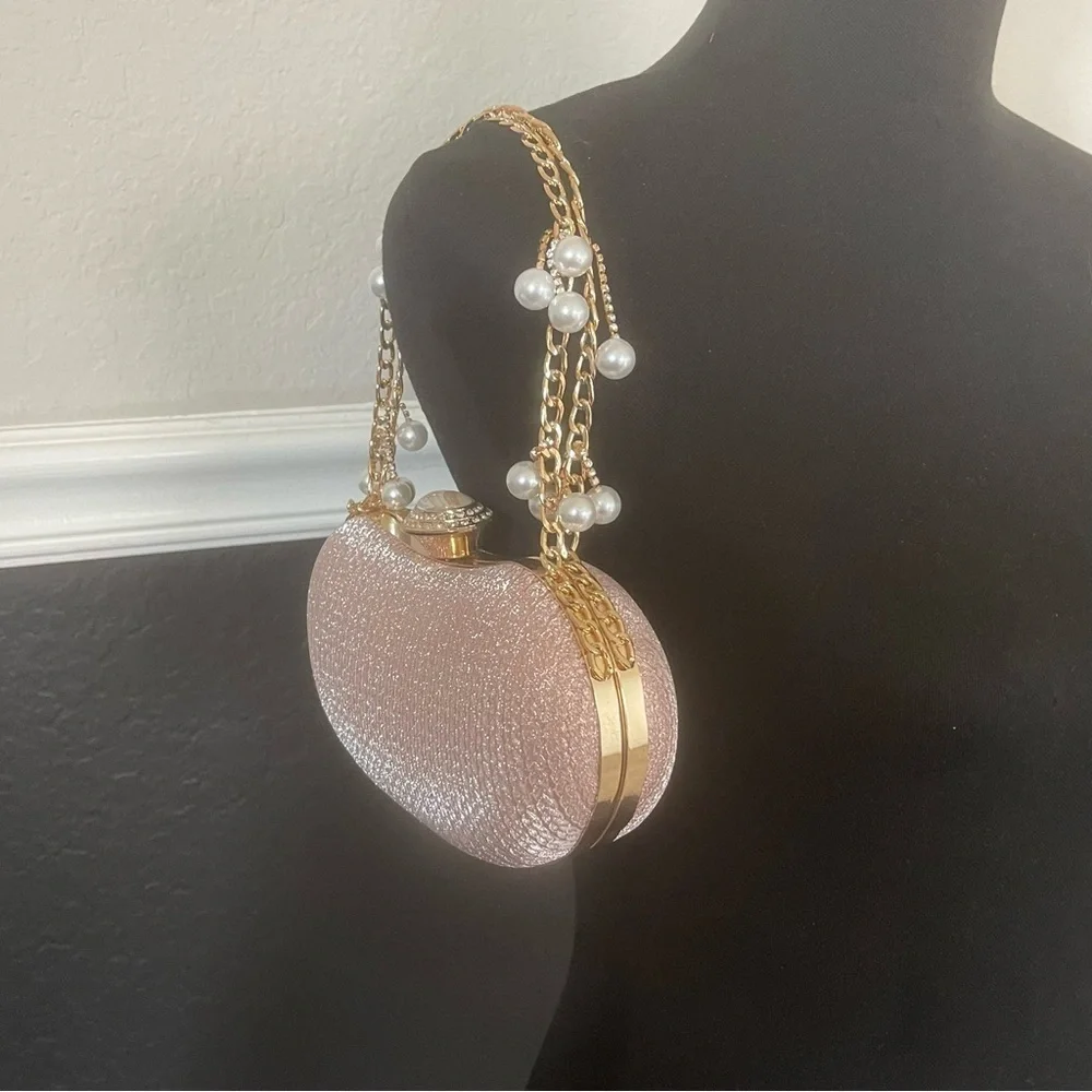 Shimmering Glitter Evening Clutch Sparkly Banquet Purse with Pearl Chain Pink